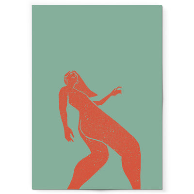 Green and orange art print of a woman's figure walking.