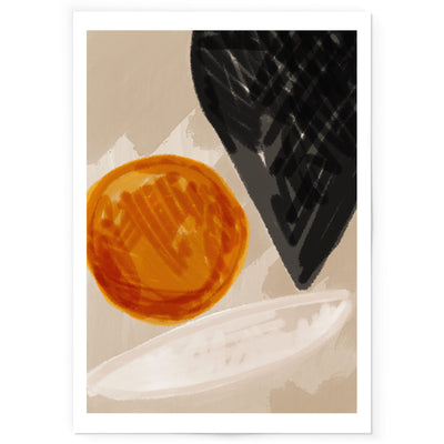 Abstract art print showing orange, black and white shapes on beige background.