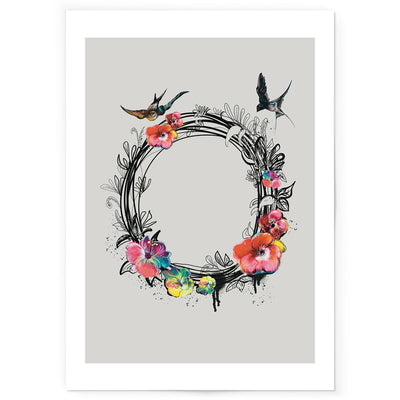 Art print showing colourful hand-painted flower wreath with flying swallows.
