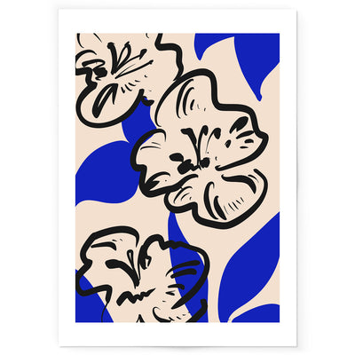 Art print of blue, black and beige abstract flower drawing. 