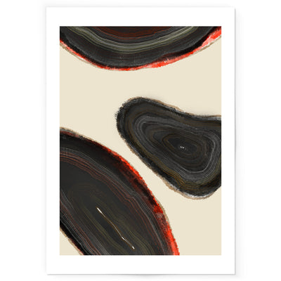 Art print with black, red and beige abstract shapes.