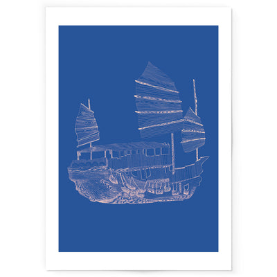 Art print of blue and pink junk boat line drawing.