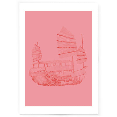 Art print of pink and red line drawing of Hong Kong sampan boat.