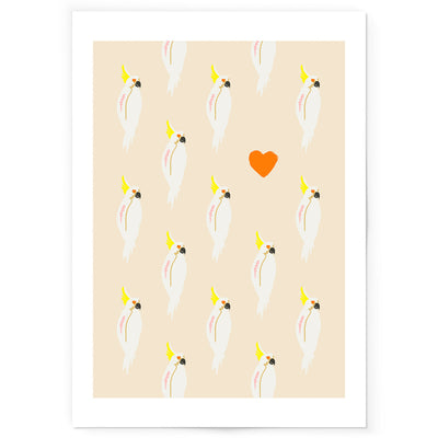 Art print of orange cockatoo pattern.