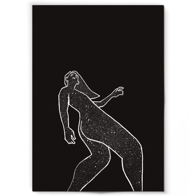 Black and white art print of a woman's figure walking.