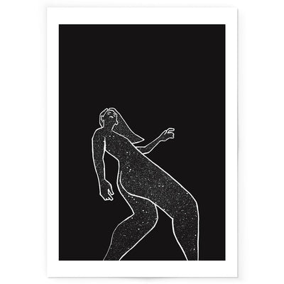 Black and white art print of a woman's figure walking.