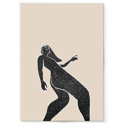 Black and beige art print of a woman's figure walking.