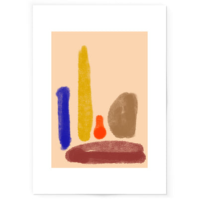 Colourful abstract art print with blue, yellow, red and brown shapes on a beige background.