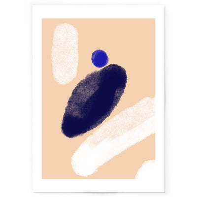 An abstract art print showing blue and white washes of colour on a beige background.