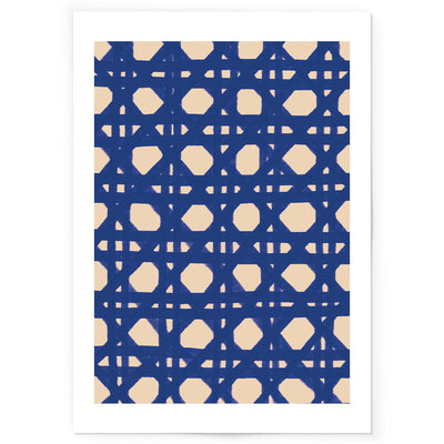 Art print of blue and beige rattan pattern drawing. 