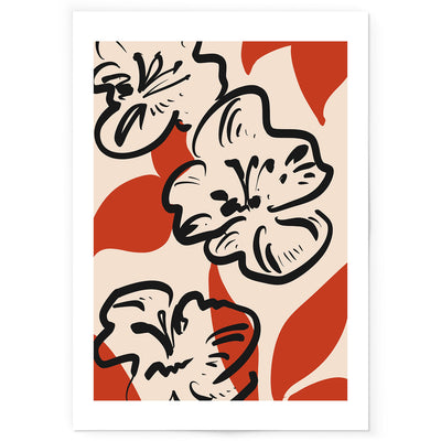 Art print of red, black and beige abstract flower drawing. 