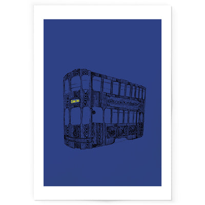 Blue and black line drawing art print of Hong Kong tram.