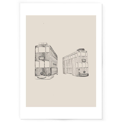 Black and beige art print of Hong Kong tram line drawing.