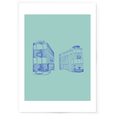 Blue art print of Hong Kong tram line drawing.