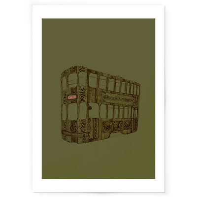 Art print line drawing of Hong Kong tram in olive green.