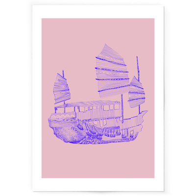 Pink and blue art print line drawing of Hong Kong junk boat.
