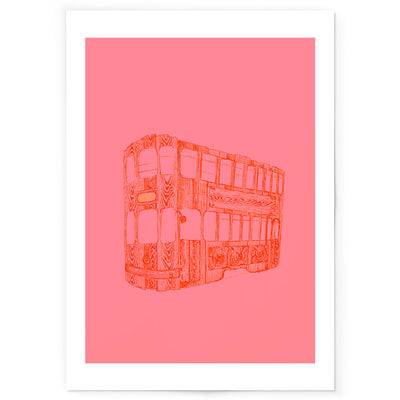 Pink art print line drawing of Hong Kong tram.