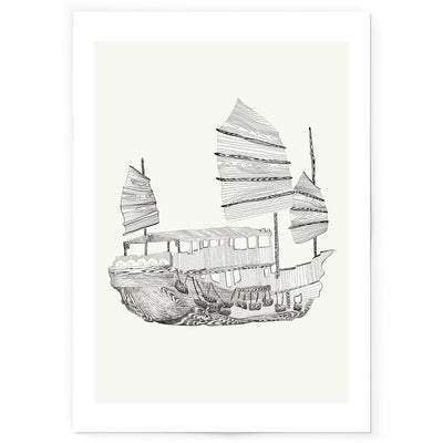 Art print of black and beige junk boat line drawing.
