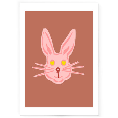 Art print of pink and terracotta rabbit drawing.