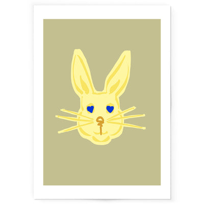 Art print of abstract rabbit face drawing in yellow and green.