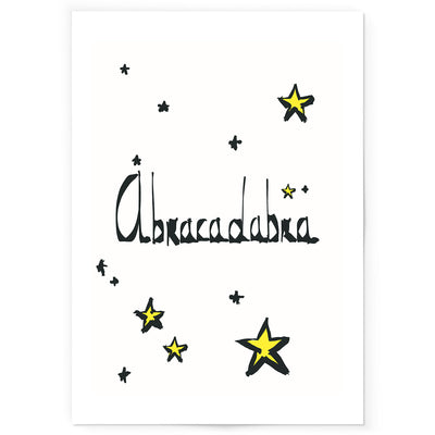 Art print with the word Abracadabra and yellow stars in hand-drawn style.