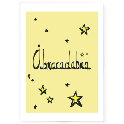 Yellow art print with the word Abracadabra and stars in black outlined hand-drawn style.